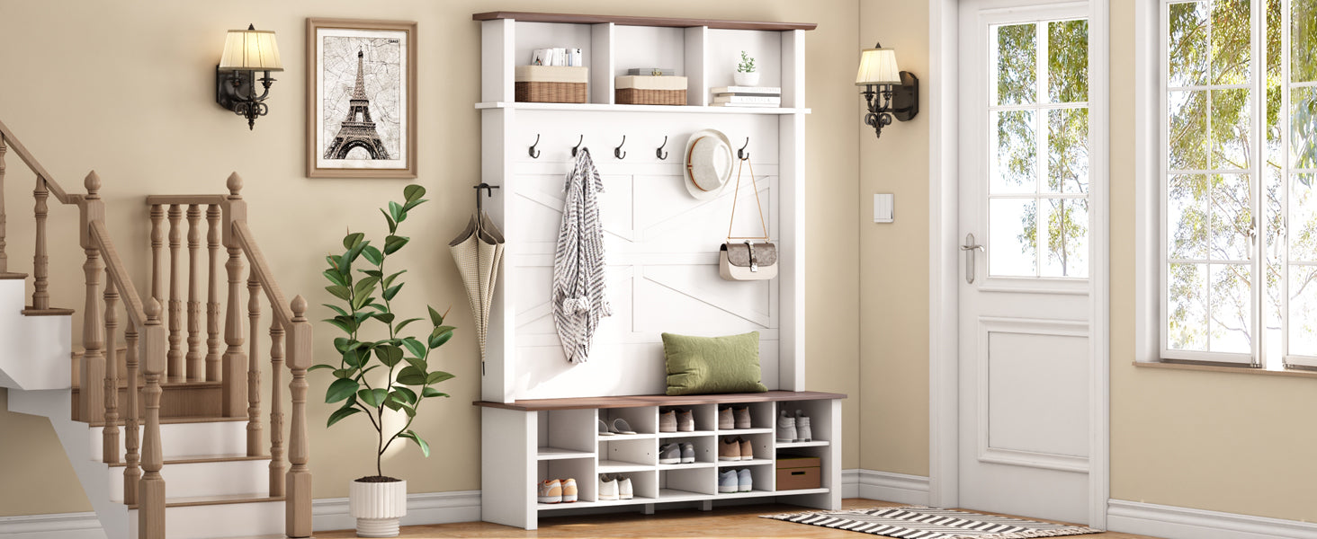 Farmhouse 4-in-1 Hall Tree with 6 Hooks, Walnut Entryway Bench with Shelves,  Wooden Style Rustic Shoe Organizer with 16 Open Compartments for Mudroom, Living Room, White (OLD SKU: N721P264915K) - Grand Goldman Shop
