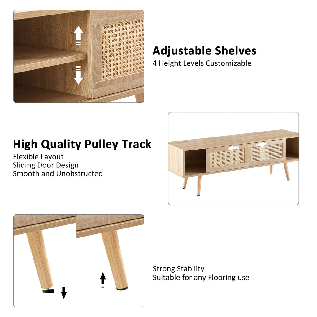 Natural Rattan TV Cabinet with Double Sliding Doors, Adjustable Shelf, Solid Wood Legs, 55.12 Inches - Grand Goldman Shop