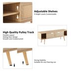 Natural Rattan TV Cabinet with Double Sliding Doors, Adjustable Shelf, Solid Wood Legs, 55.12 Inches - Grand Goldman Shop