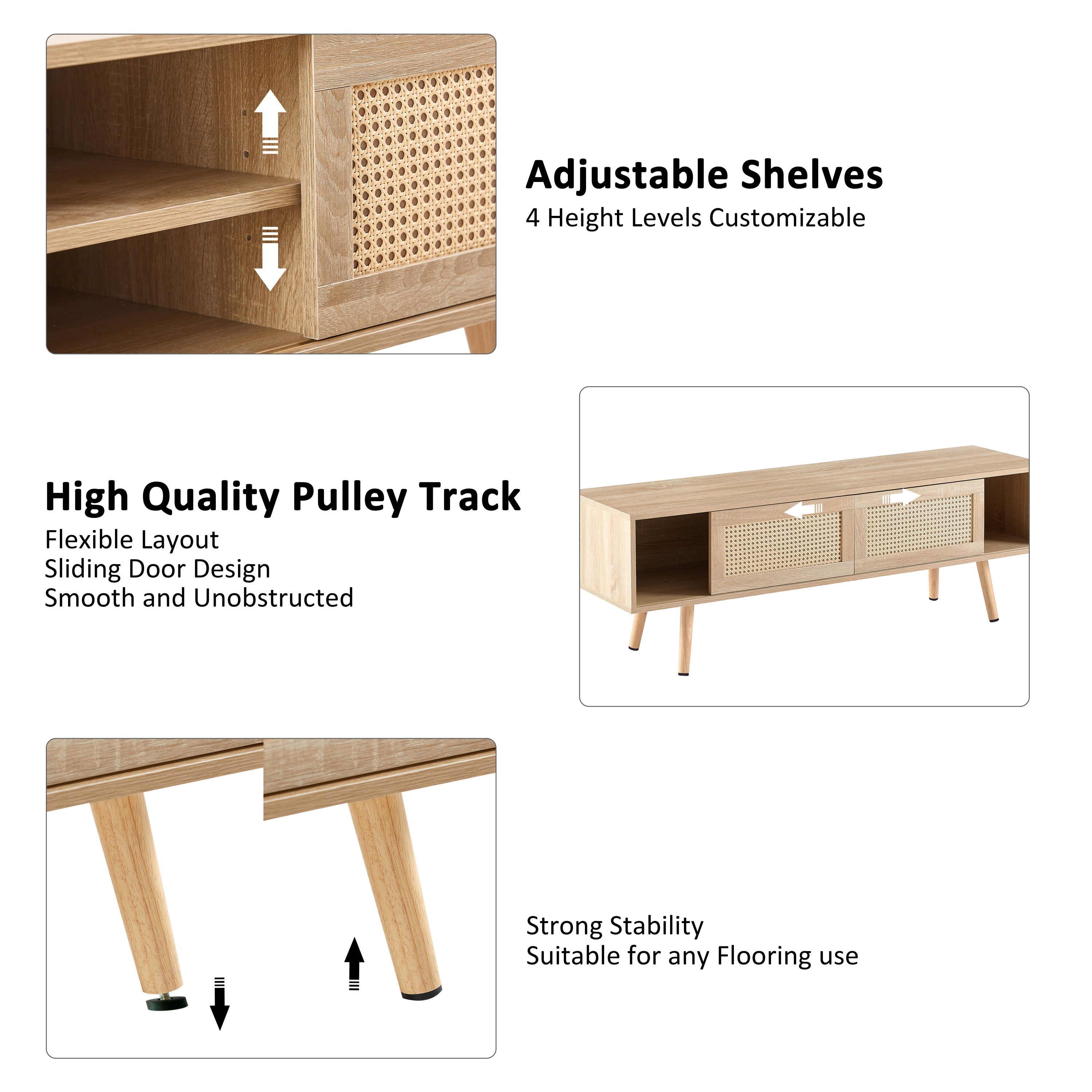 Natural Rattan TV Cabinet with Double Sliding Doors, Adjustable Shelf, Solid Wood Legs, 55.12 Inches - Grand Goldman Shop