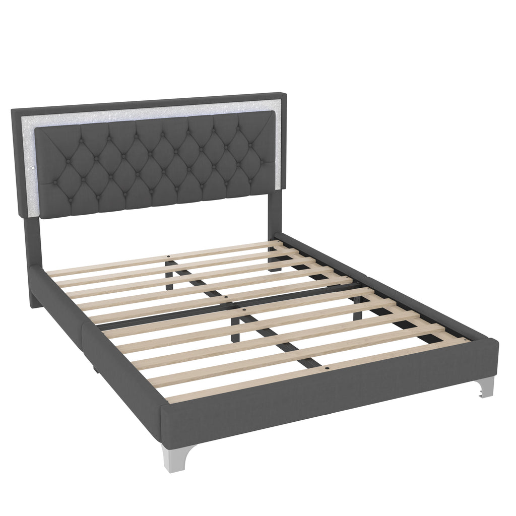 3-Pieces Bedroom Sets,Queen Size Upholstered Platform Bed with LED Lights and Two Nightstands-Gray - Grand Goldman Shop