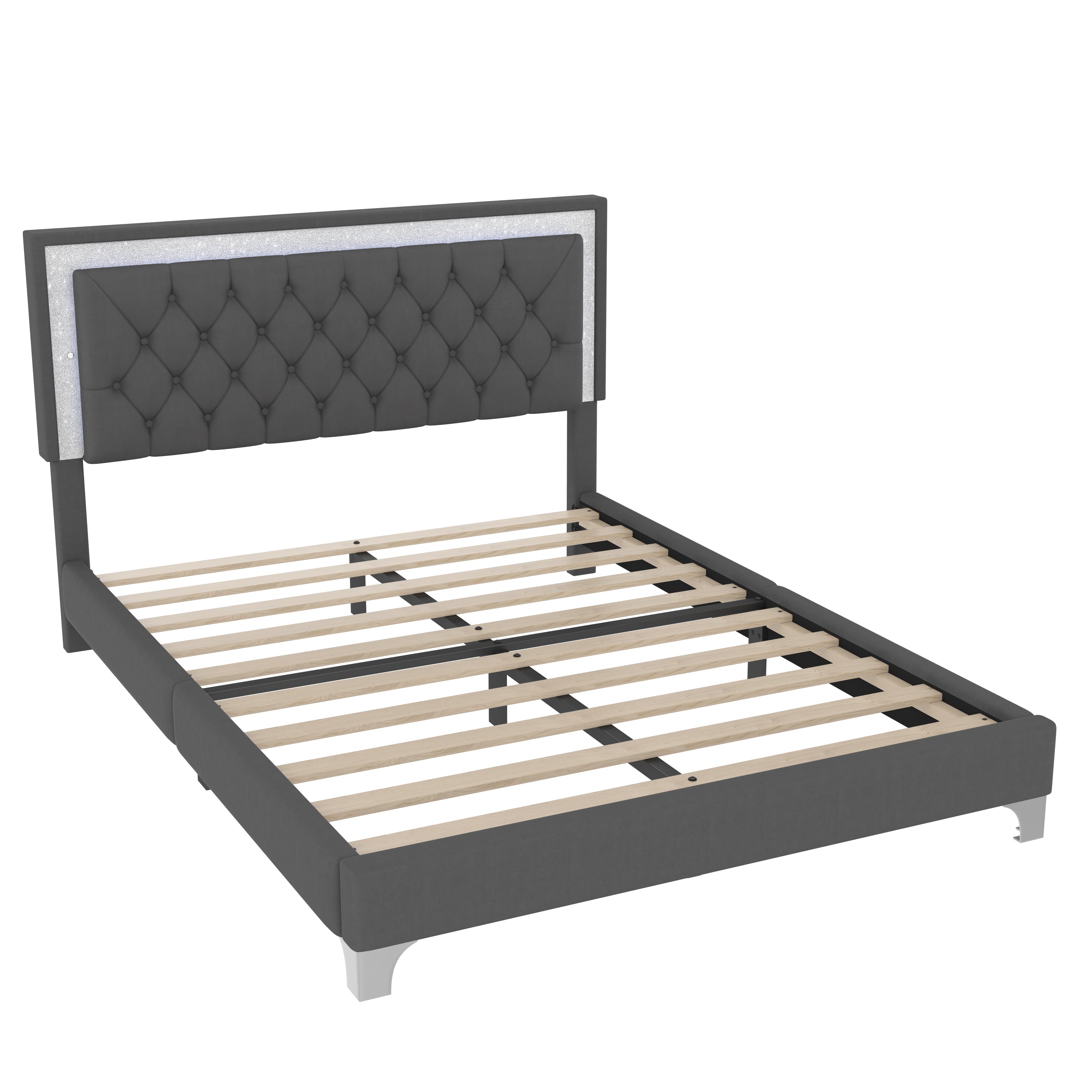 3-Pieces Bedroom Sets,Queen Size Upholstered Platform Bed with LED Lights and Two Nightstands-Gray - Grand Goldman Shop