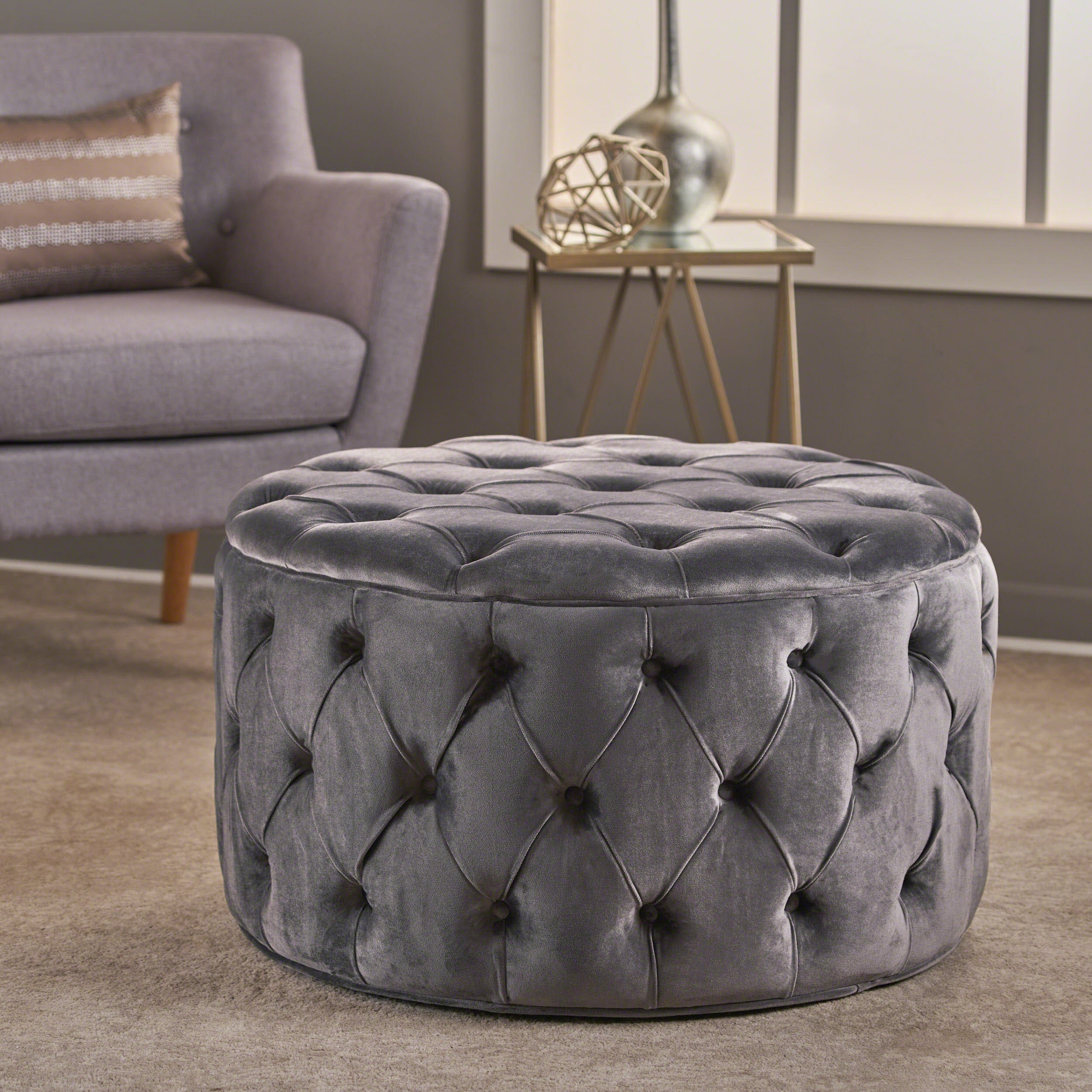 Modern Velvet Ottoman Footstool with Plush Cushioning in Grey - Grand Goldman Shop