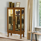 Lighted Curio Cabinet with Adjustable Shelves, Mirrored Back Panel, and Tempered Glass Doors, 3-Tier Oak Finish - Grand Goldman Shop