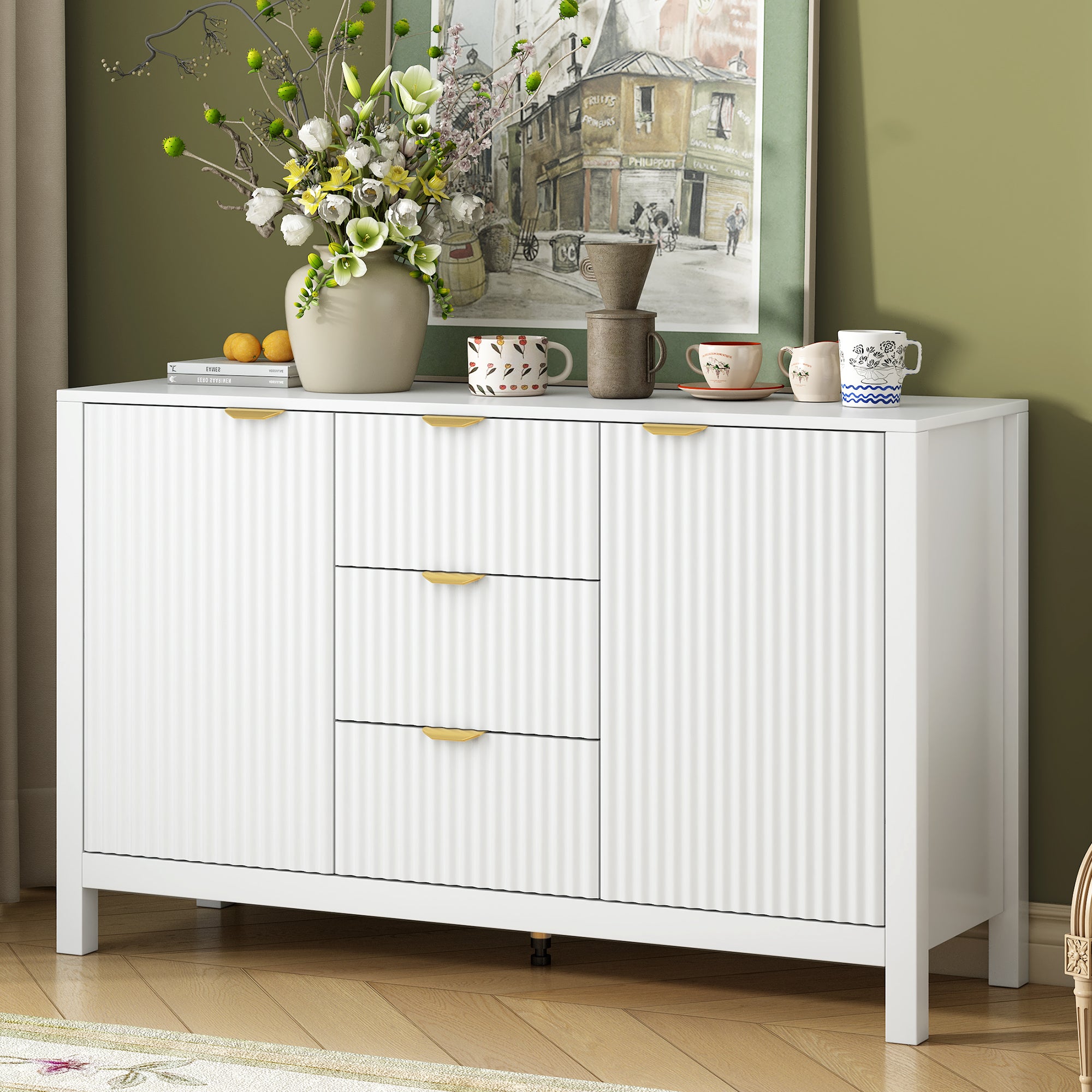 U_STYLE Sideboard with Wave Design - 3 Adjustable Shelves, 3 Drawers & Soft-Close Doors, Storage Console Table with Metal Handles, Suitable for Study, Hallway and Living Room, 3 Colors - Grand Goldman Shop