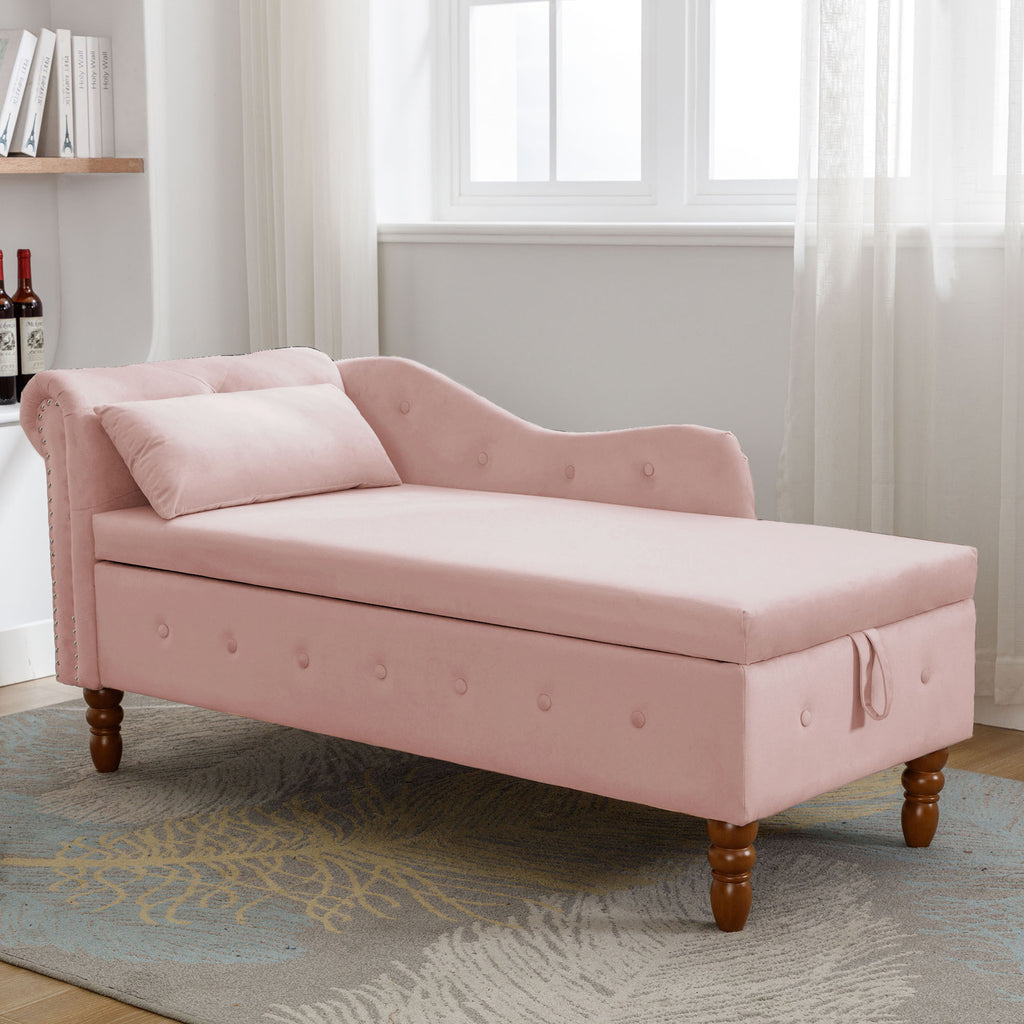 Pink Chaise Lounge Indoor, Velvet Lounge Chair for Bedroom with Storage & Pillow, Modern Upholstered Rolled Arm Chase Lounge for Sleeping with Nailhead Trim for Living Room Bedroom Office - Grand Goldman Shop