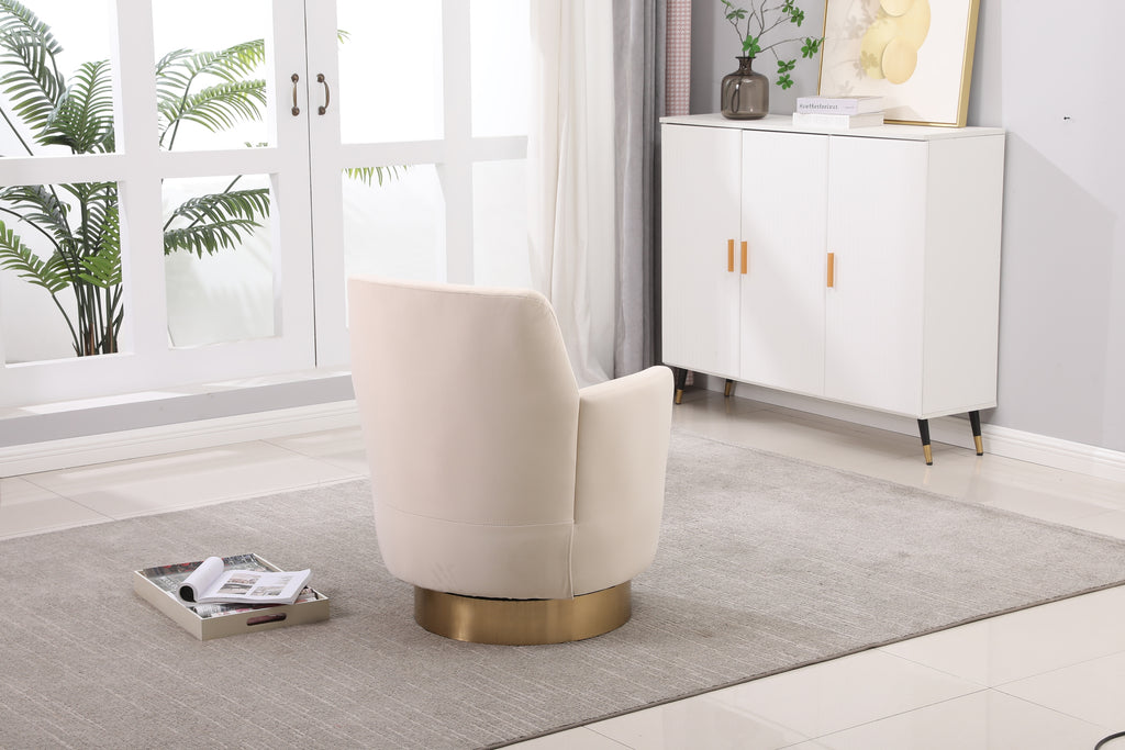Velvet Swivel Barrel Chair, Swivel Accent Chairs Armchair for Living Room, Reading Chairs for Bedroom Comfy, Round Barrel Chairs with Gold Stainless Steel Base (Beige) - Grand Goldman Shop