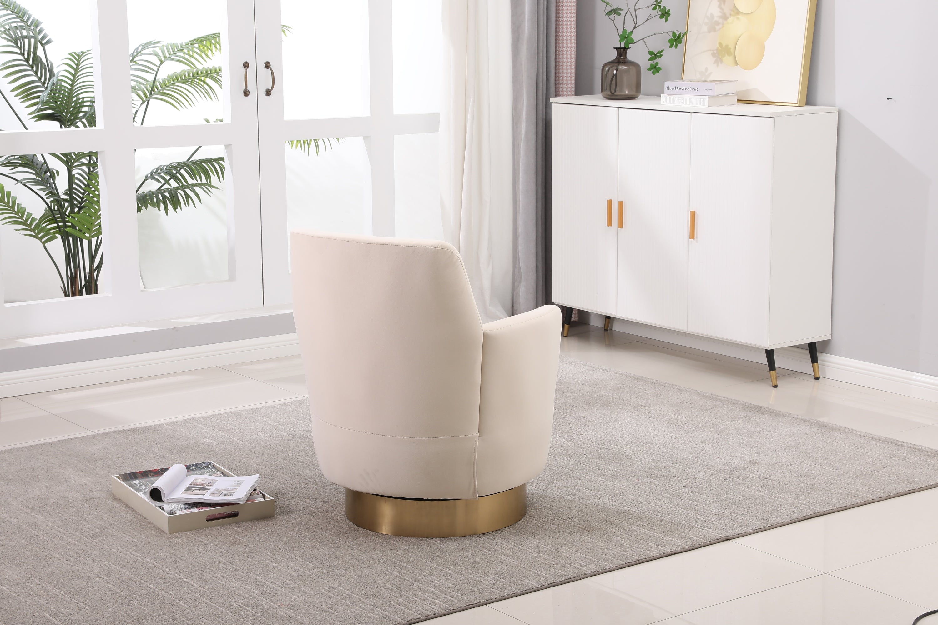 Velvet Swivel Barrel Chair, Swivel Accent Chairs Armchair for Living Room, Reading Chairs for Bedroom Comfy, Round Barrel Chairs with Gold Stainless Steel Base (Beige) - Grand Goldman Shop