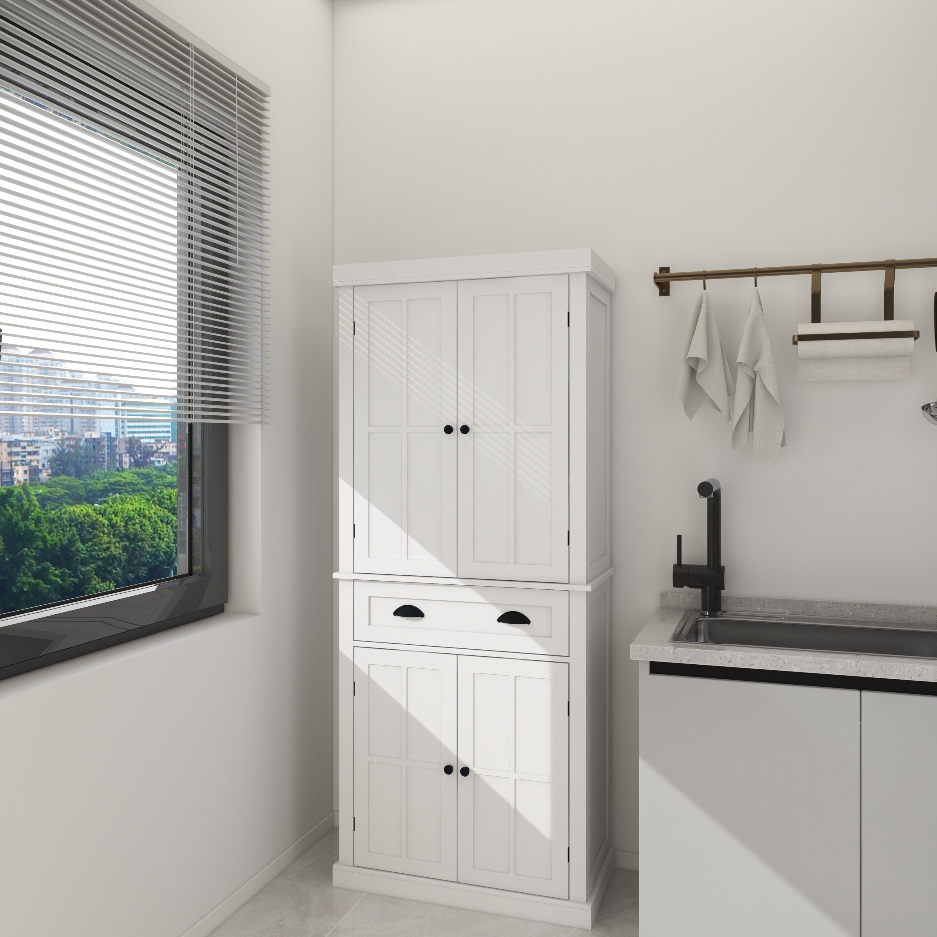 71' Kitchen Pantry Storage Cabinet , with 4 Doors, Drawer, 2 Adjustable Shelves, Freestanding Cupboard for Dining Room Living Room, Laundry-White - Grand Goldman Shop
