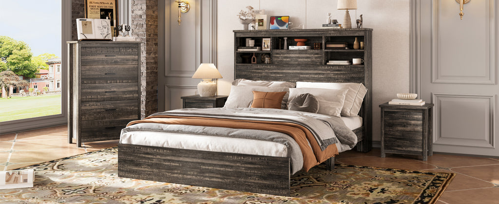 4PCS Bedroom Sets, Wooden Queen Size Bed Frame with Storage Headboard and Charging Station, 2 Nightstands with 2 Drawers, 1 Dresser with 5 Drawers, Antique Gray - Grand Goldman Shop