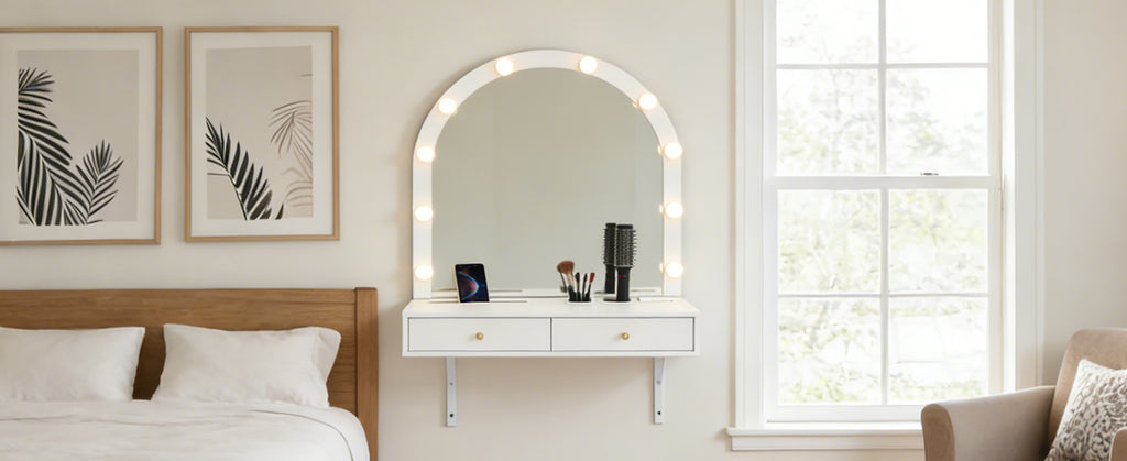 Floating Makeup Vanity Desk with Mirror & 3-Color Lights, Wall Dressing Table with Power Outlet, Compact vanity, Large Storage, White - Grand Goldman Shop