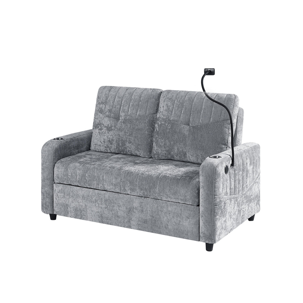Modern Loveseat Pull-out Sofa Bed with Adjustable Backrest, Cup Holders, Phone Holder, Charging Ports, Side Storage Pockets, Grey Chenille - Grand Goldman Shop