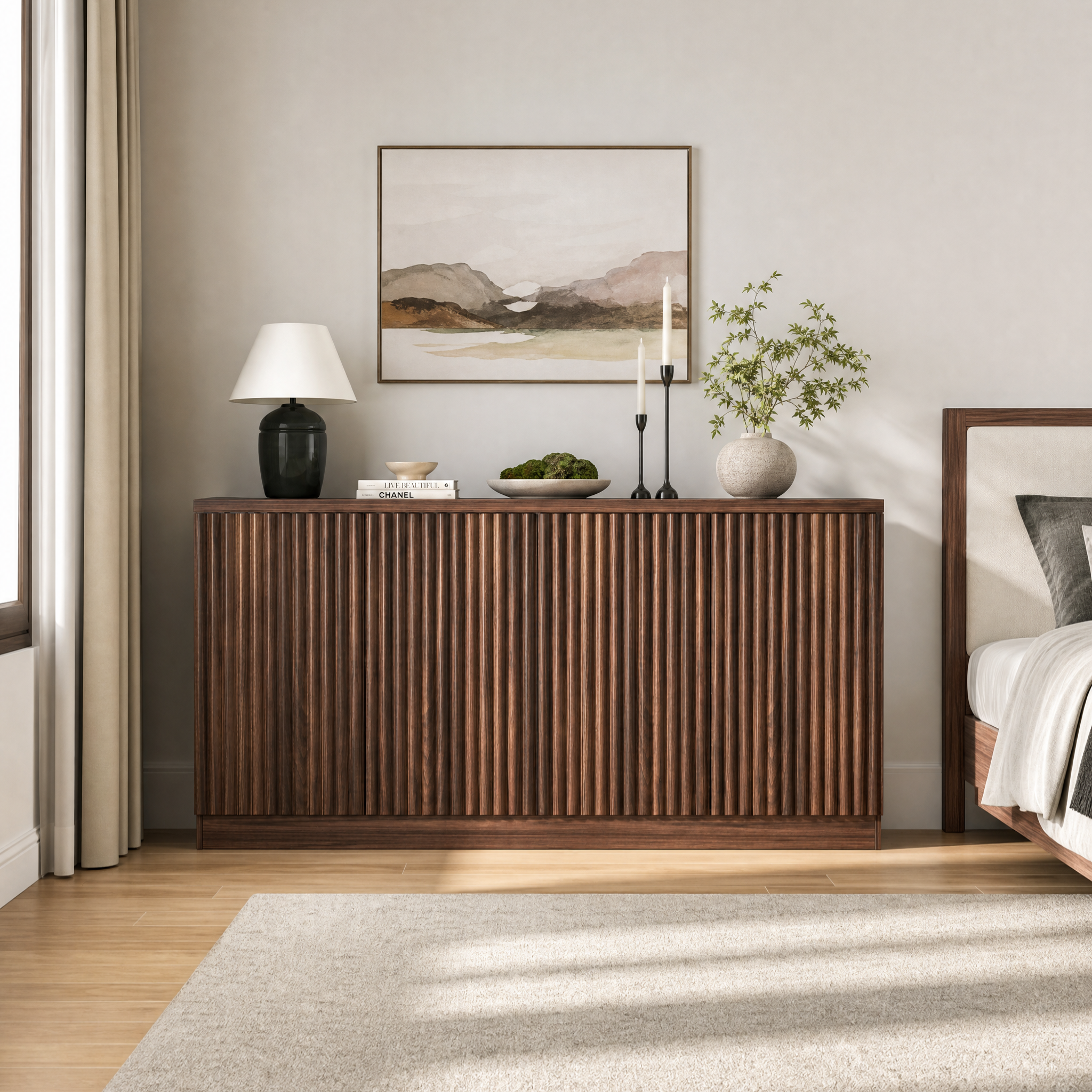 Buffet Cabinet with Storage, 62.60' Sideboard Cabinet with 4 Doors & Shelves, Wooden Kitchen Coffee Bar Credenza Storage for Living Room, Hallway Walnut - Grand Goldman Shop