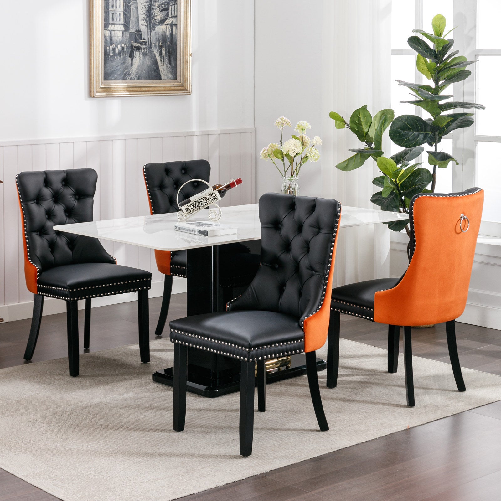 A&A Furniture,Nikki Collection Modern, High-end Tufted Solid Wood Contemporary PU and Velvet Upholstered Dining Chair with Wood Legs Nailhead Trim  2-Pcs Set，Black+Orange, SW2101BO - Grand Goldman Shop