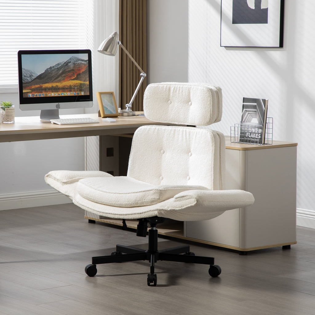 Criss Cross Chair with Adjustable Armrests & Wheels & Headrest, Lounge Vanity Desk Chair with Wide Seat for Cross-Legged Sitt