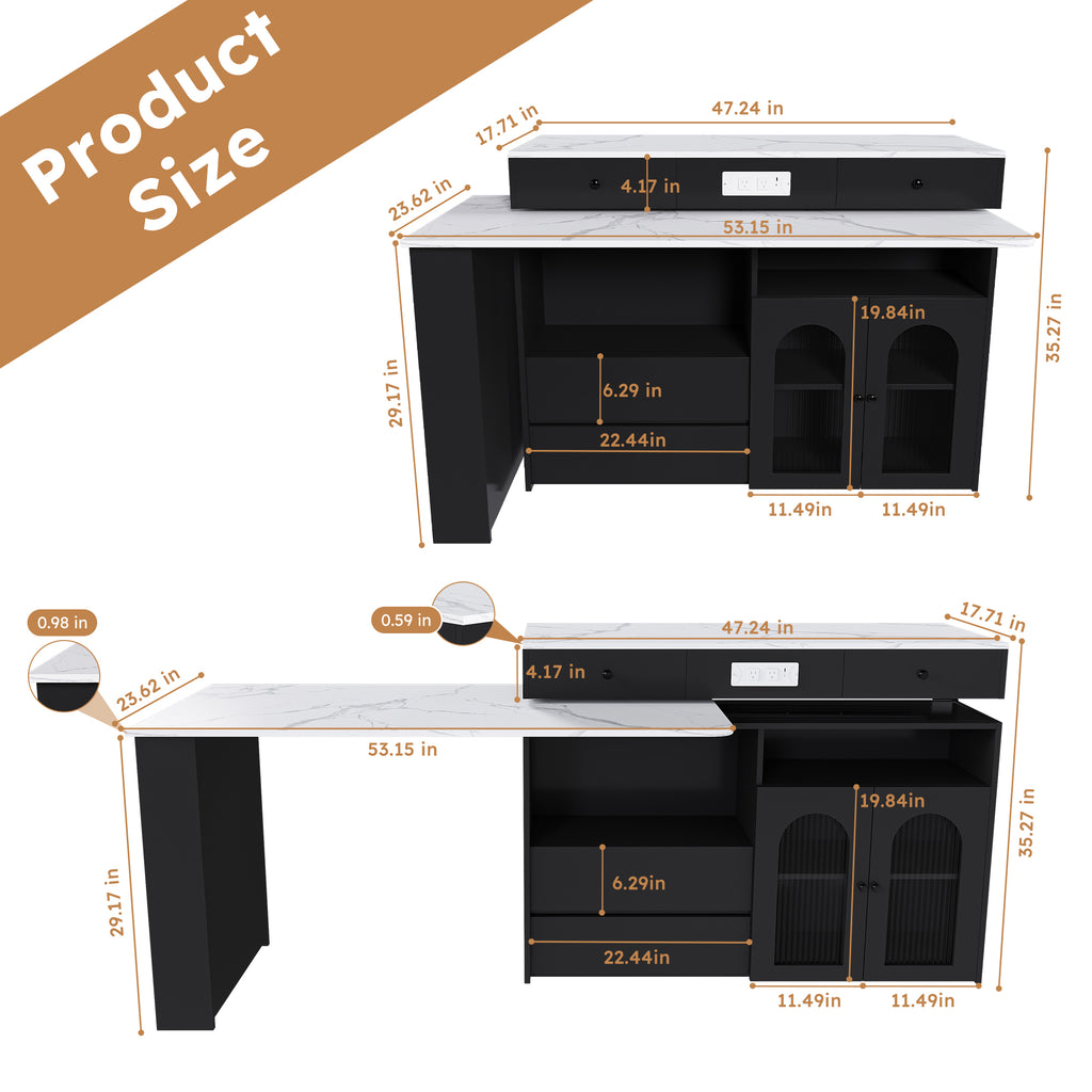 Retro Kitchen Island with Extendable Rotating Table, Black Marble Veneer on MDF, 4 Drawers & Glass Door Cabinets, Built-in Socket, Fits 2-4 People - Grand Goldman Shop