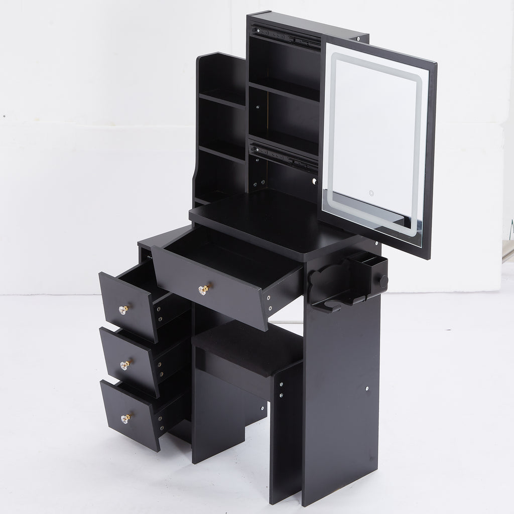 29.2' Small Size Left Bedside Cabinet Vanity Table + Cushioned Stool, 2 AC+2 USB Power Station, Hair dryer bracket, Extra Large Touch Control Sliding LED Mirror, Tri-color Switching, Brightness Adjust - Grand Goldman Shop