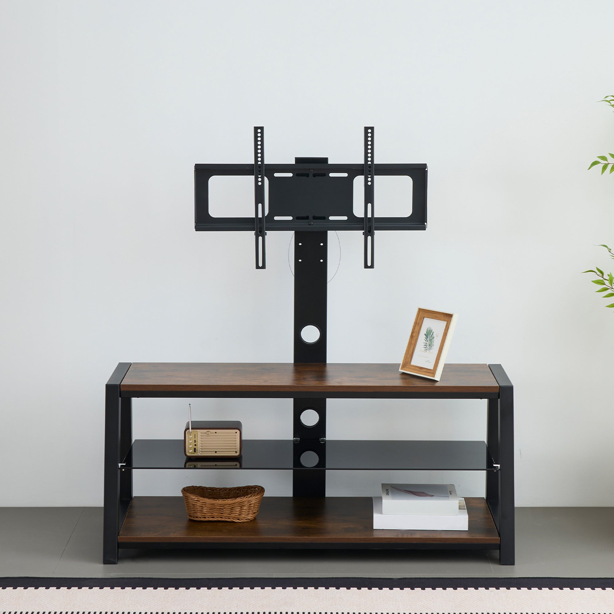 Wooden Storage TV Stand Black Tempered Glass Height Adjustable Universal Swivel Entertainment Center With Mount TV Stand, Rustic Browm - Grand Goldman Shop