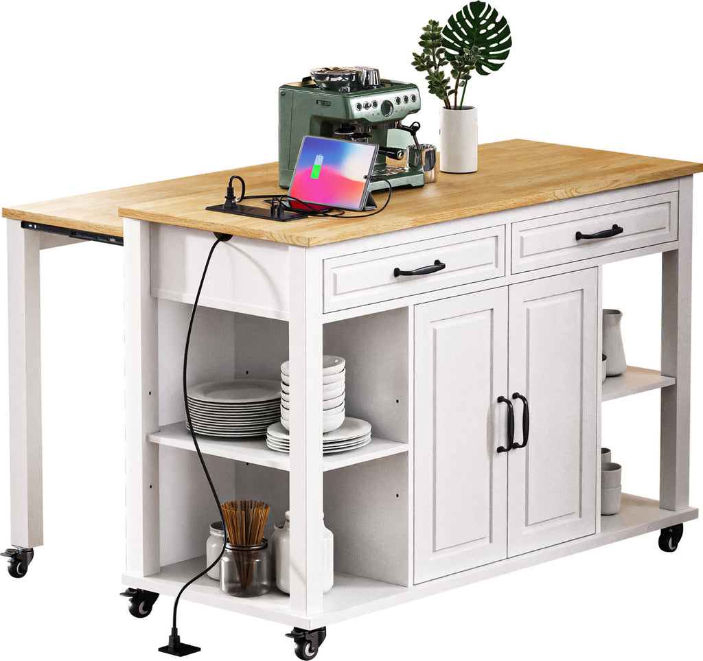 K&K 47 inch Kitchen Island with Extendable Dining Table, Rubber Wood Veneer Kitchen Table with Internal Storage Rack, Power Outlet, Kitchen island with Storage 2 Drawers 2 Cabinet,White - Grand Goldman Shop