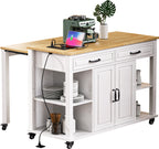 K&K 47 inch Kitchen Island with Extendable Dining Table, Rubber Wood Veneer Kitchen Table with Internal Storage Rack, Power Outlet, Kitchen island with Storage 2 Drawers 2 Cabinet,White - Grand Goldman Shop
