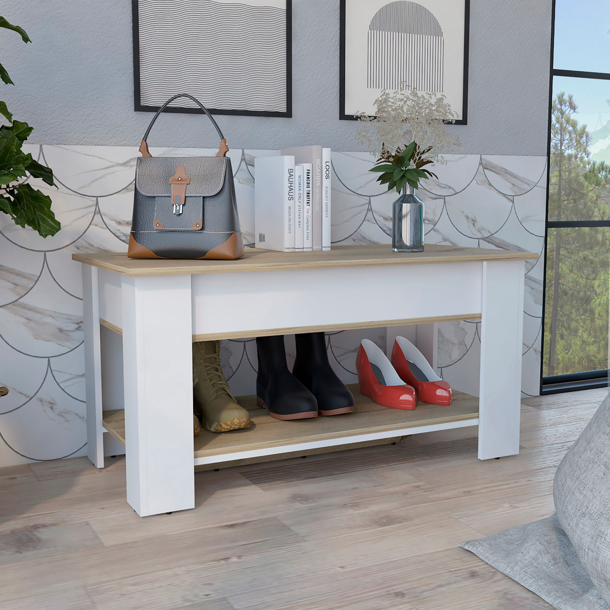 Austin Storage Table, One Extendable Table Shelf, Four Legs, Lower Shelf -Light Oak / White - Grand Goldman Shop