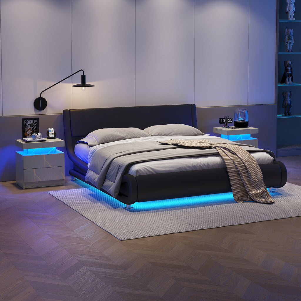 Nightstand LED Bedside Table Cabinet Lights Modern End Side with 2 Drawers for Bedroom (Grey Gold) - Grand Goldman Shop