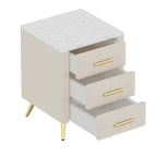 Upholstered Wooden Nightstand with 3 Drawers and Metal Legs&Handles, Bedside Table with Marbling Stickers Worktop - Beige - Grand Goldman Shop