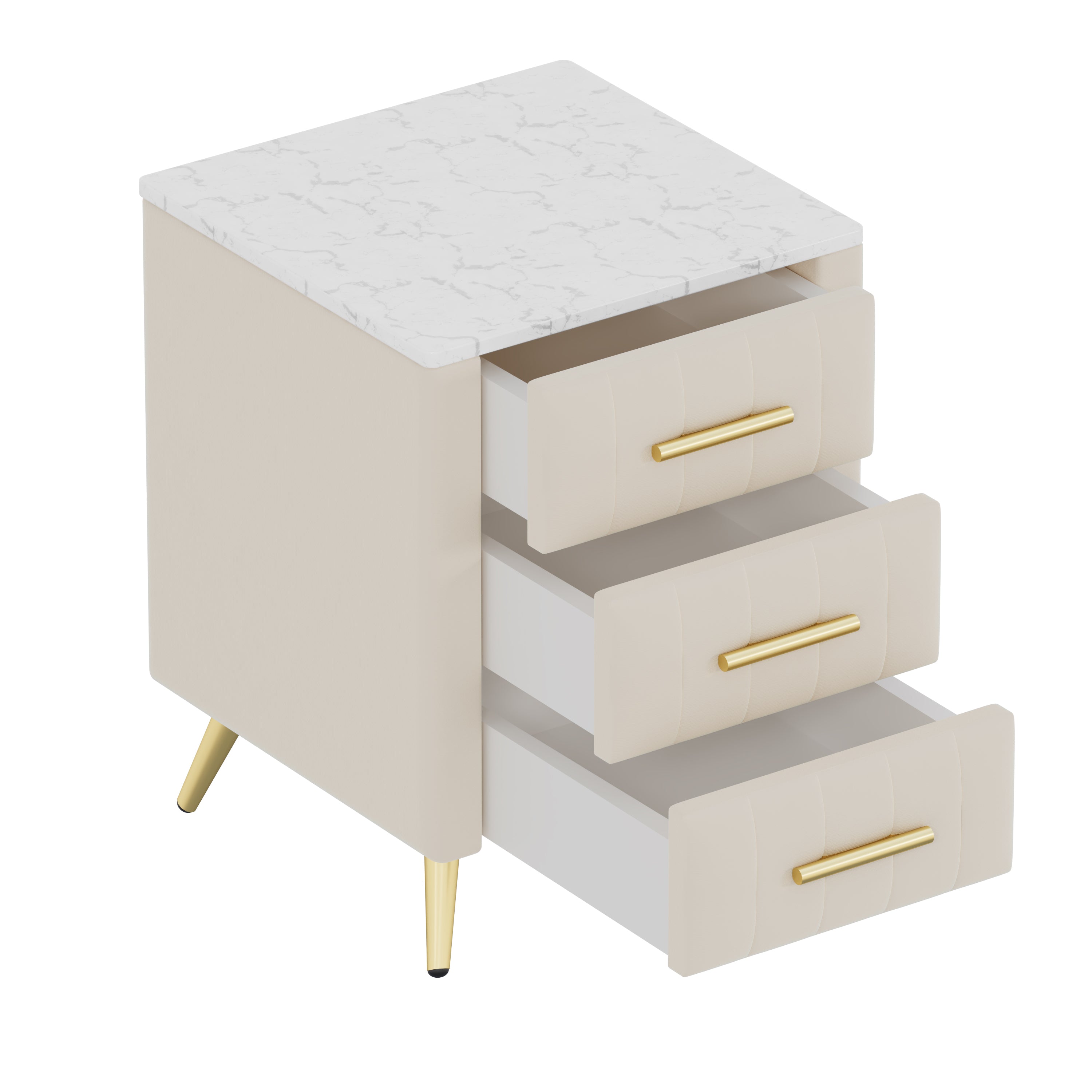 Upholstered Wooden Nightstand with 3 Drawers and Metal Legs&Handles, Bedside Table with Marbling Stickers Worktop - Beige - Grand Goldman Shop
