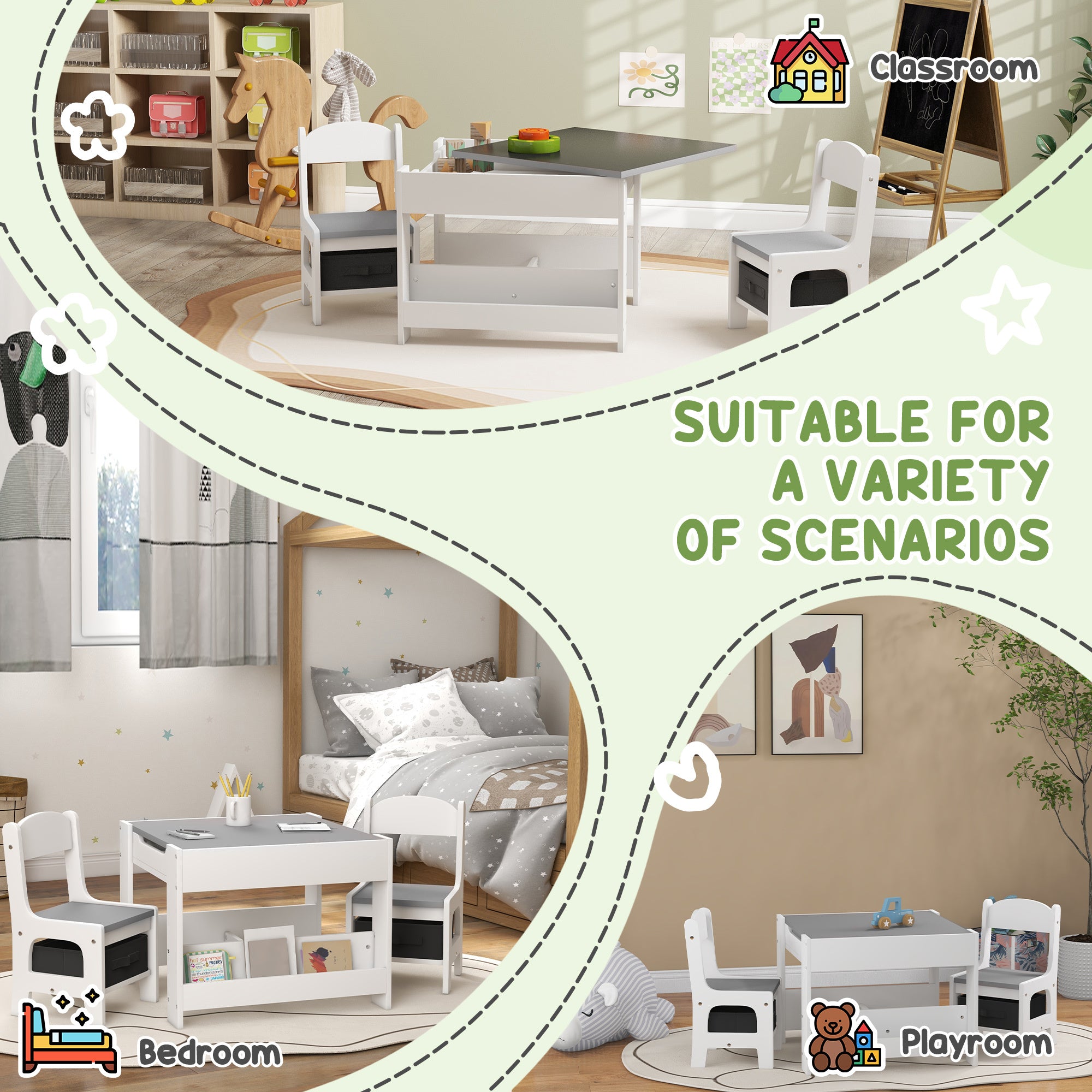 Qaba 3 Piece Kids Table and Chair Set, 2 in 1 Toddler Table and Chair Set with Reversible Tabletop Blackboard, Storage & Book
