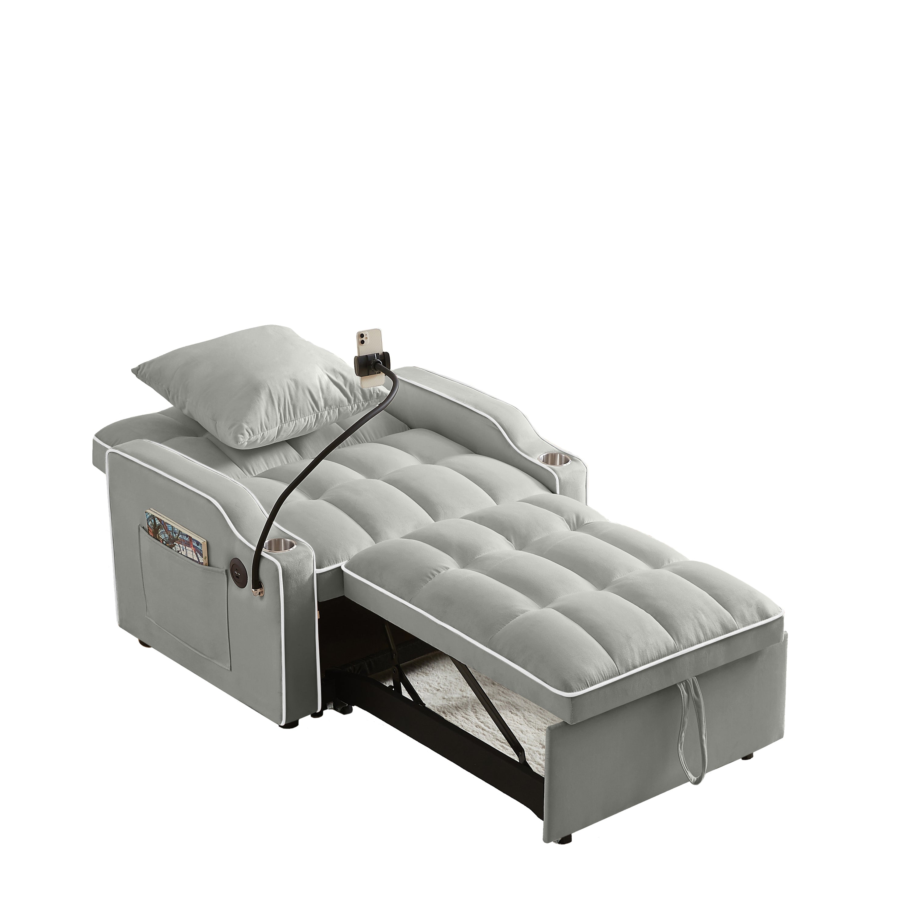 3-in-1 Sofa Bed, Convertible Sleeper Chair Sofa Bed Adjustable Pull Out Sleeper Chair Bed Multi-Pockets Folding Sofa Bed for Living Room Bedroom Small Space (Grey) - Grand Goldman Shop