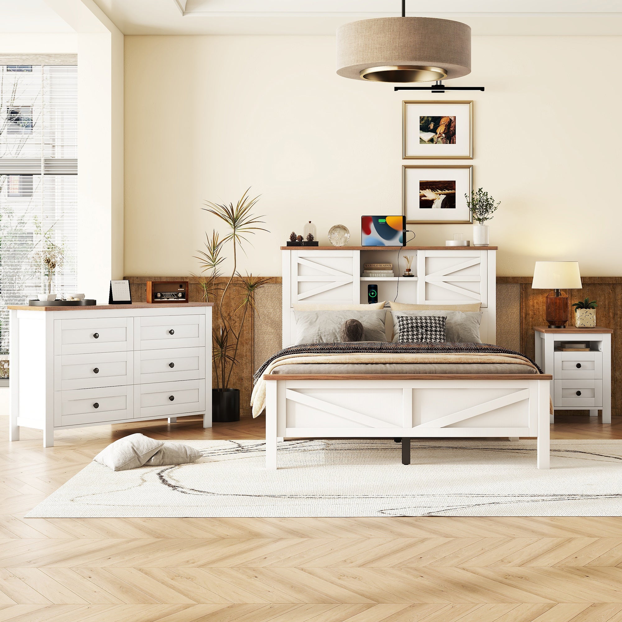3-Pieces Bedroom Sets Full Size Farmhouse Platform Bed with Double Sliding Door Storage Headboard and Charging Station, Storage Nightstand and Dresser, White+Brown(Old SKU HL000091AAK) - Grand Goldman Shop