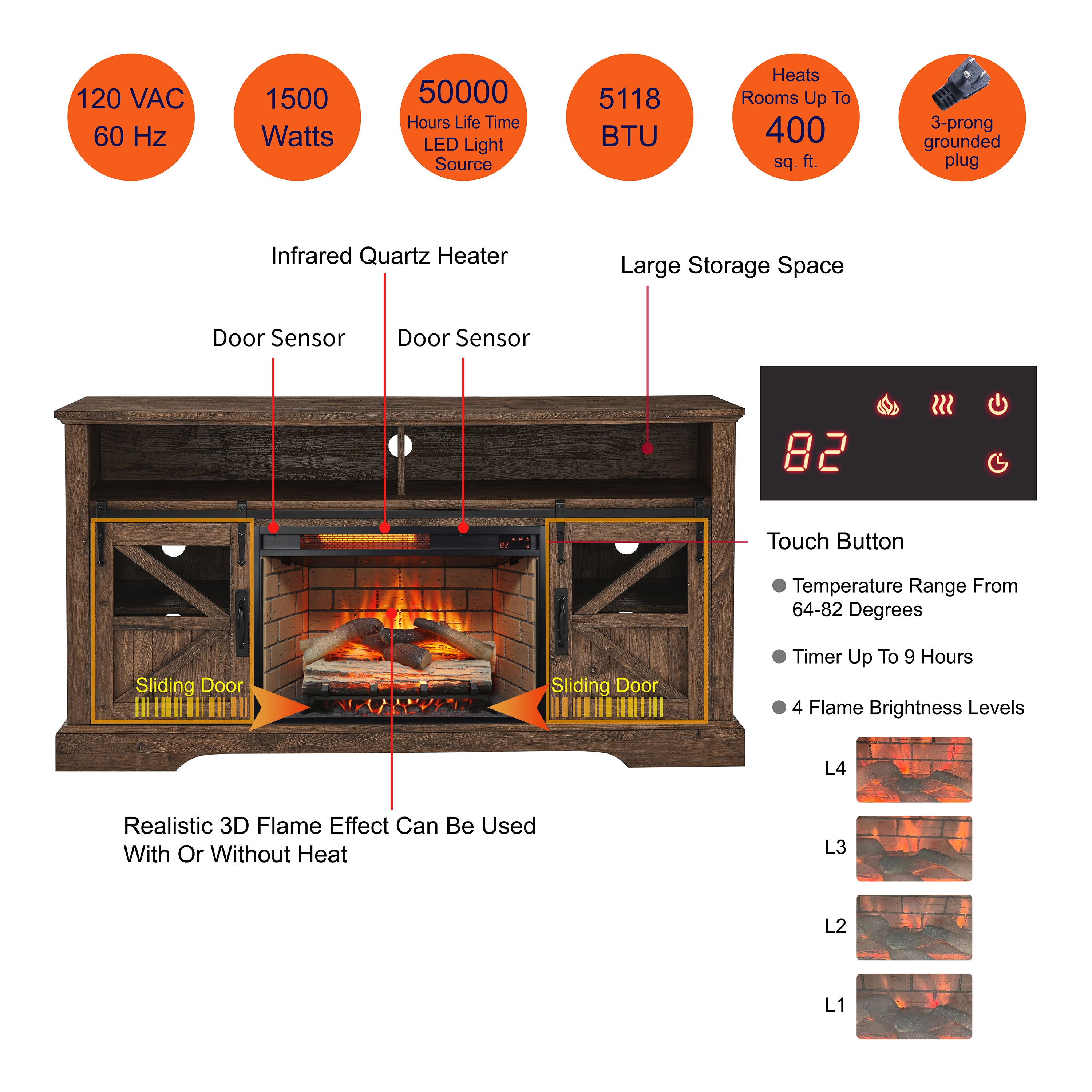 60 Inch Electric Fireplace  Entertainment Center With Door Sensor-Reclaimed Barnwood Color - Grand Goldman Shop