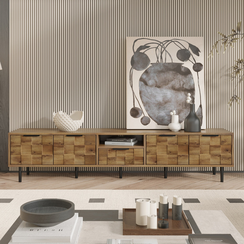 Natural Wood TV Stand for 85 75 65 Inch TV, L-Shaped Handle Entertainment Console with Storage, 78' Long - Grand Goldman Shop
