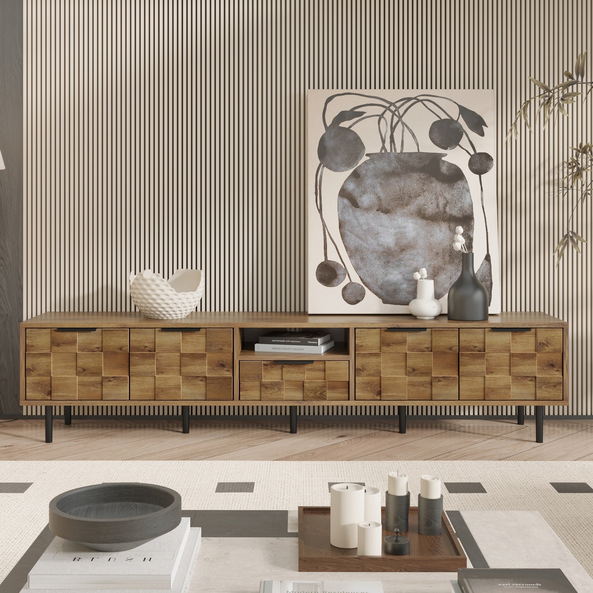 Natural Wood TV Stand for 85 75 65 Inch TV, L-Shaped Handle Entertainment Console with Storage, 78' Long - Grand Goldman Shop
