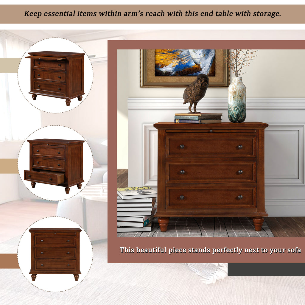 U_STYLE 27.6''Nightstand with Pine Wood veneer , Fashion Bedside Cabinet with 3 Drawers and pull-out tray, Minimalist Sofa Side Table with rubber legs and Metal handle for Bedroom Sofa Couch Office - Grand Goldman Shop