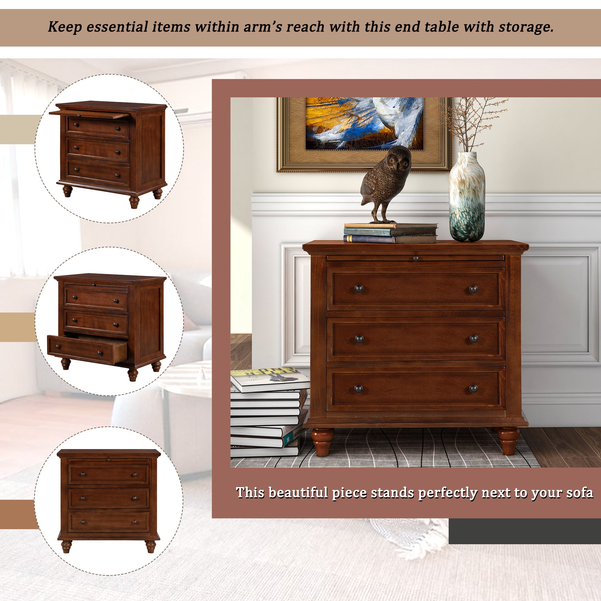 U_STYLE 27.6''Nightstand with Pine Wood veneer , Fashion Bedside Cabinet with 3 Drawers and pull-out tray, Minimalist Sofa Side Table with rubber legs and Metal handle for Bedroom Sofa Couch Office - Grand Goldman Shop