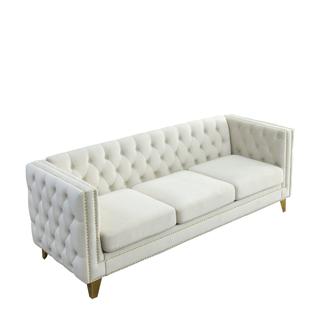 Modern Velvet Sofa with Button Tufting and Metal Legs, Beige Upholstered Couch for Living Room or Bedroom, 3-Seater, W834S00023 - Grand Goldman Shop