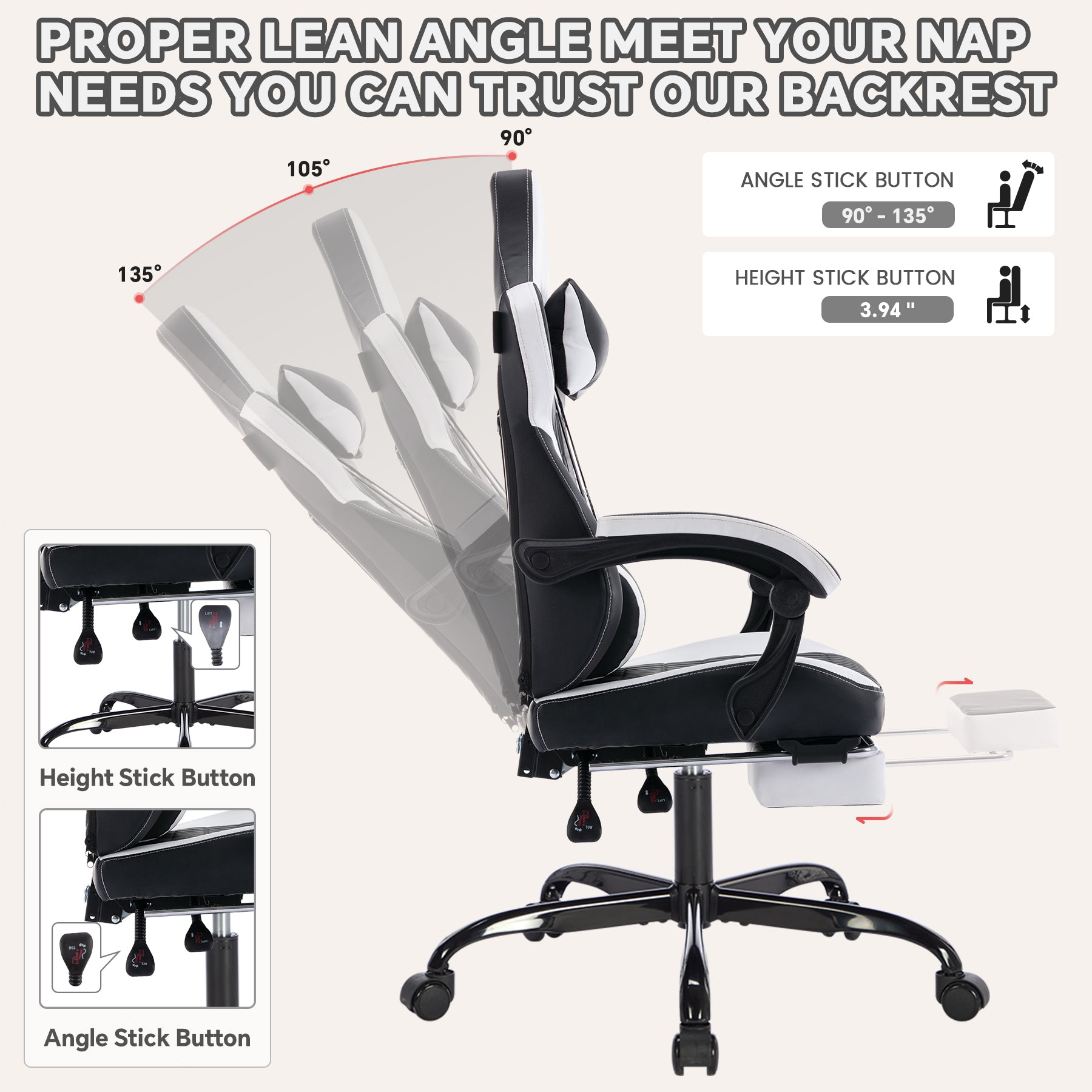 Gaming Chair with Footrest, High Back Gaming Chairs PVC Leather Ergonomic Office Gamer Chair Headrest Lumbar Support Racing S