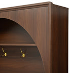 ON-TREND Farmhouse All-in-One Hall Tree with Adjustable Shelves, Retro Arched Entryway Storage Bench with 3 Cabinets, Wooden Coat Rack Organizer with 4 Golden Hooks for Mudroom, Hallway, Walnut - Grand Goldman Shop