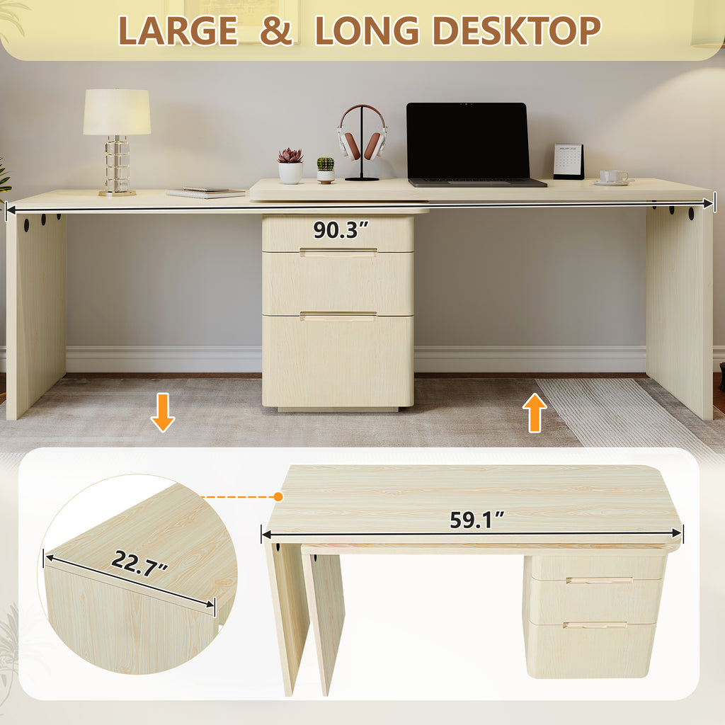 90' Modern L Shaped Desk in Natural Wood with 3 Drawers,360° Wood Rotating Desk,Executive Office Desk,Corner Desk,Office Stud
