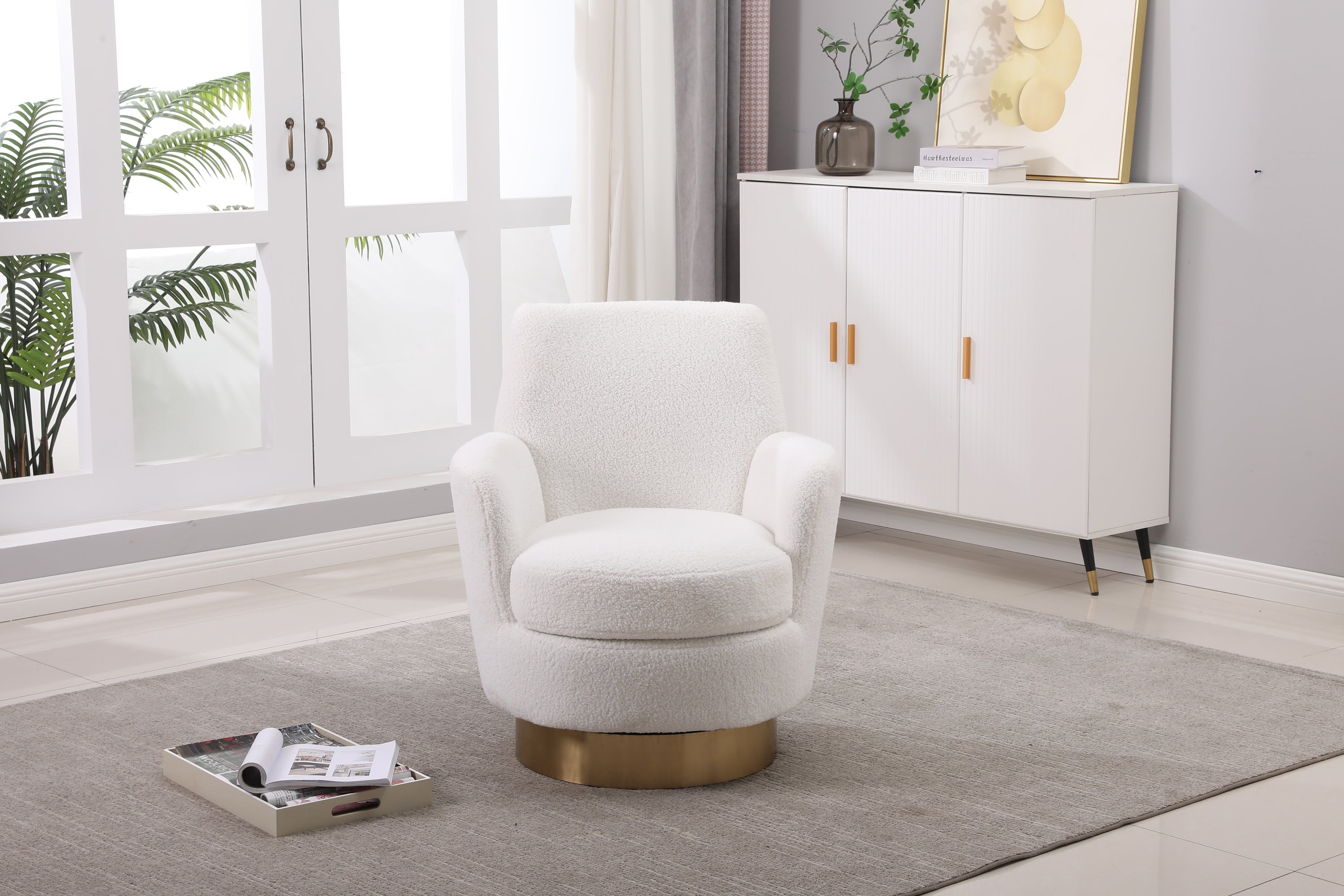 Teddy Swivel Barrel Chair, Swivel Accent Chairs Armchair for Living Room, Reading Chairs for Bedroom Comfy, Round Barrel Chairs with Gold Stainless Steel Base (Ivory) - Grand Goldman Shop