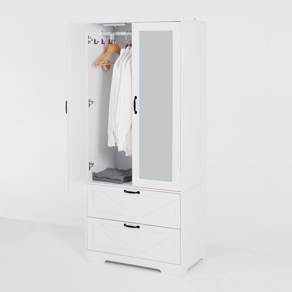 2 Door Wood Wardrobe for Bedroom with Hanging Clothing Rod inside the Cabinet and 2 Drawers for Storage Organization, Built-in induction light Multifunctional Closet with Mirror, White - Grand Goldman Shop