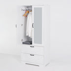 2 Door Wood Wardrobe for Bedroom with Hanging Clothing Rod inside the Cabinet and 2 Drawers for Storage Organization, Built-in induction light Multifunctional Closet with Mirror, White - Grand Goldman Shop