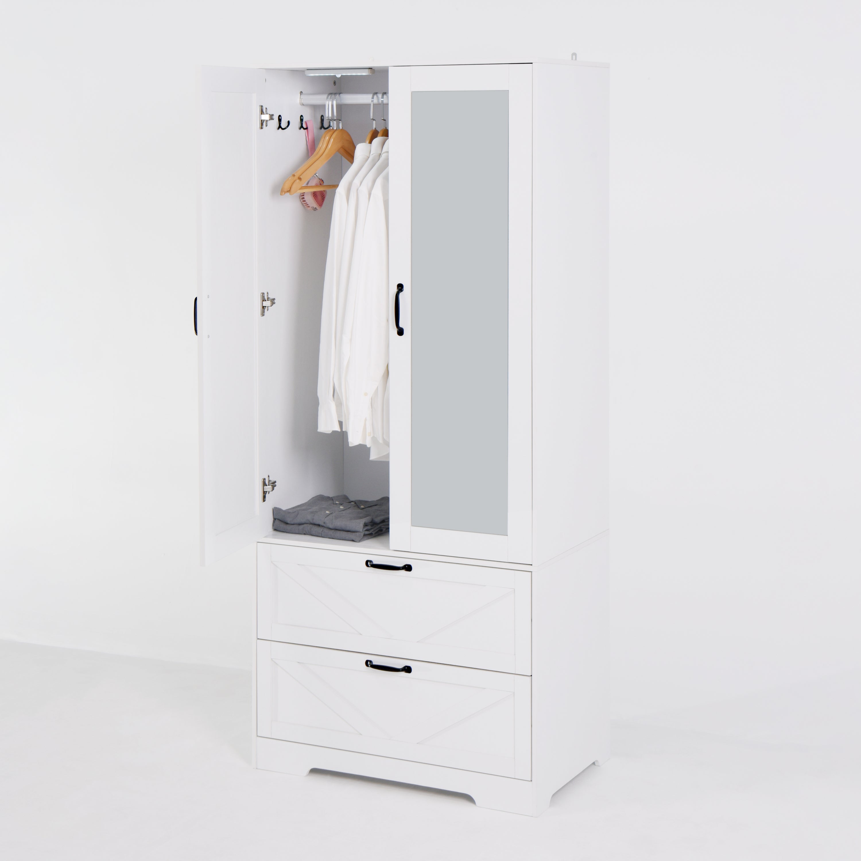 2 Door Wood Wardrobe for Bedroom with Hanging Clothing Rod inside the Cabinet and 2 Drawers for Storage Organization, Built-in induction light Multifunctional Closet with Mirror, White - Grand Goldman Shop