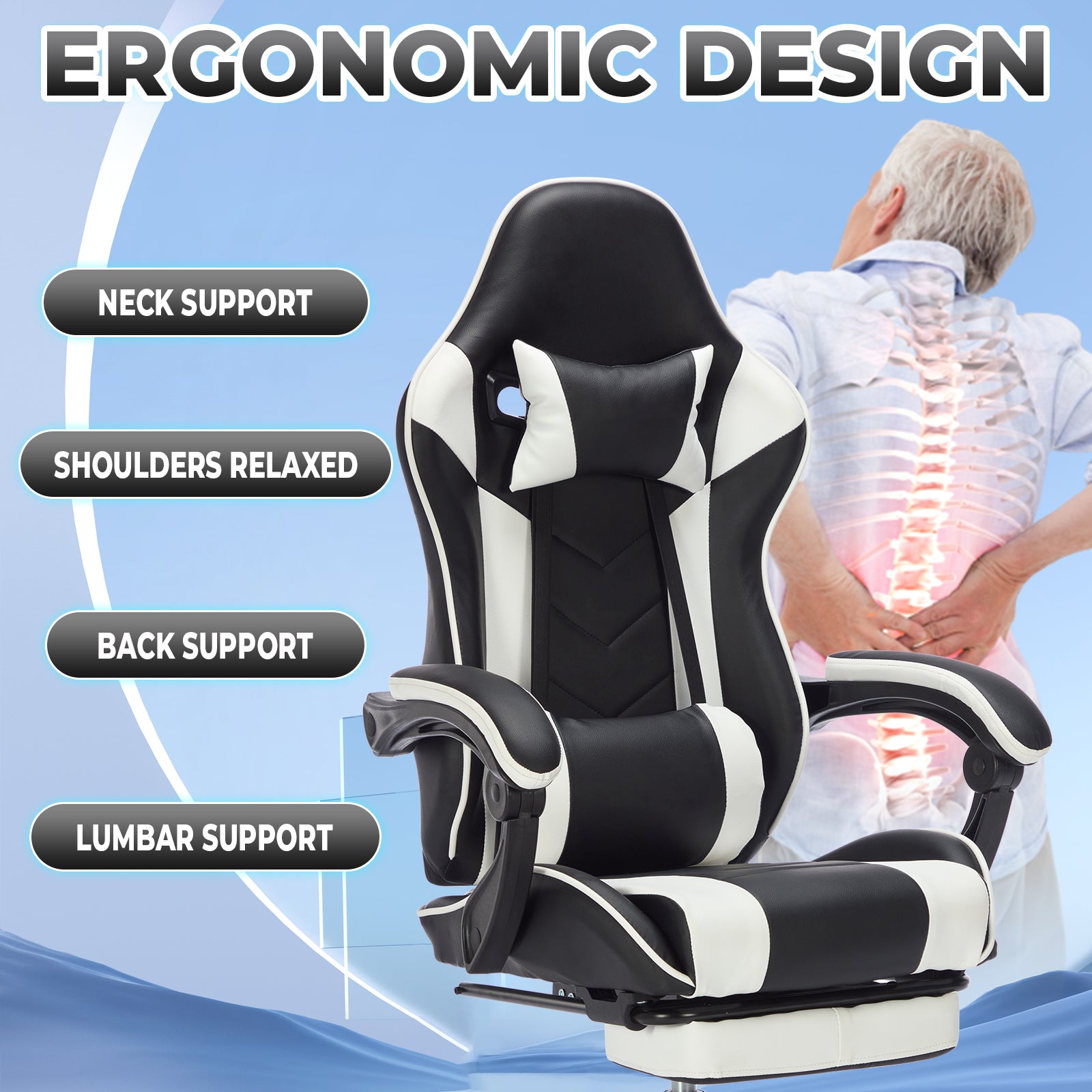 Gaming Chair with Footrest, Ergonomic Computer Chair with Headrest and Lumbar Support, Breathable Material Height Adjustable 