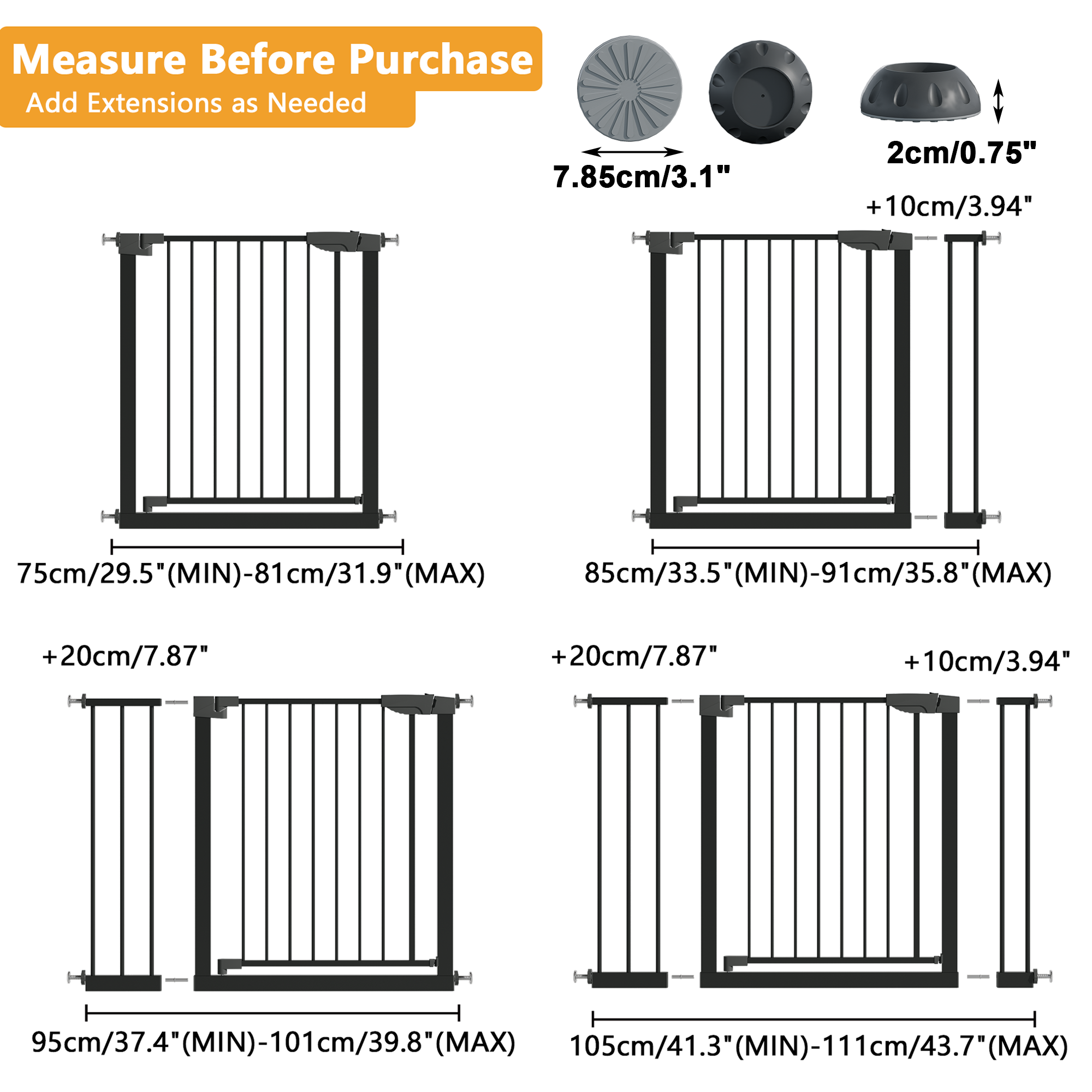 29.5-45.3' Wide Baby Gate with wall protector for Stairs, Dog Gate Indoor for Doorways, No Drilling Pressure Mounted Pet Gate