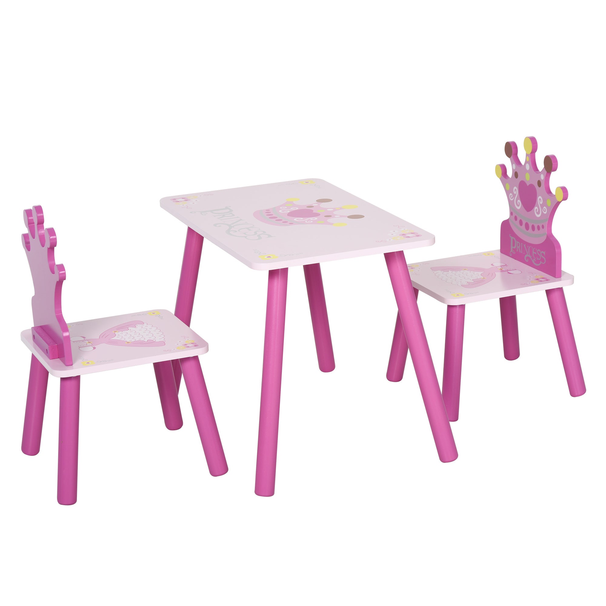 Qaba 3-Piece Kids Wooden Table and Chair Set with Crown Pattern Gift for Girls Toddlers Arts Reading Writing Age 2-4 Years Pi