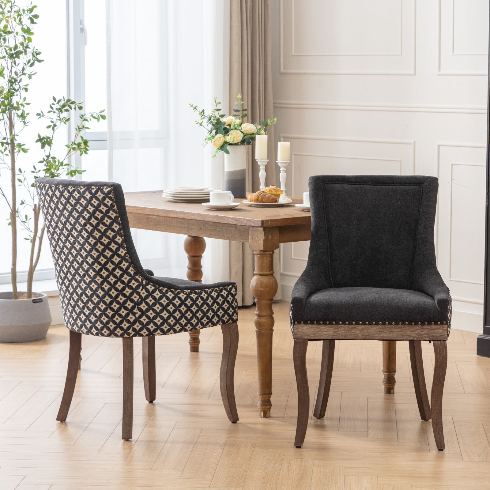 A&A Furniture, Ultra Side Dining Chair, Thickened fabric chairs with neutrally toned solid wood legs, Bronze nail head, Set of 2, Blue - Grand Goldman Shop