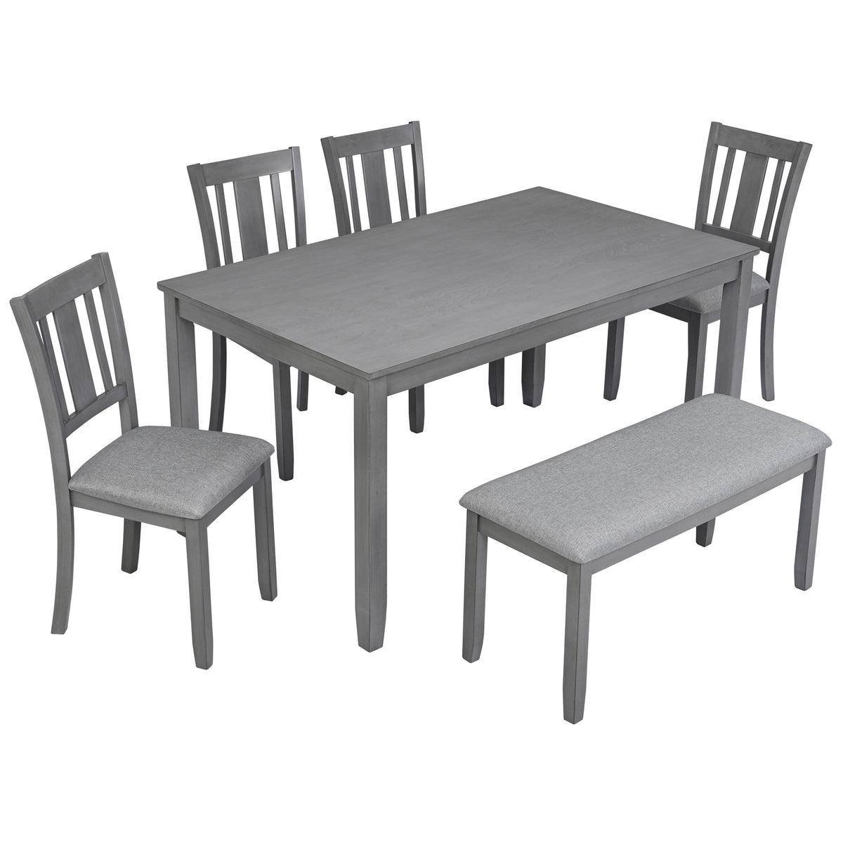 6PCs Kitchen Dining Set, Rectangular Wooden Dining Table with 4 Upholstered Chairs and a Bench, Dining Table Set for 6 People, Living Room, Home Bar and Kitchen, Gray - Grand Goldman Shop