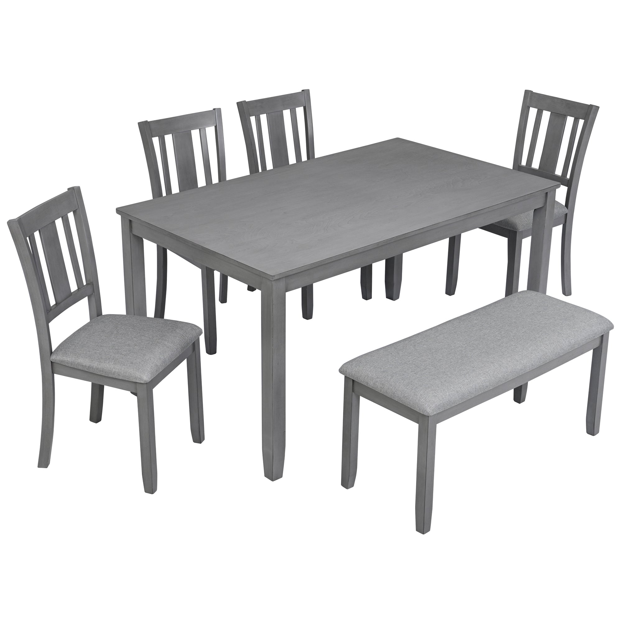 6PCs Kitchen Dining Set, Rectangular Wooden Dining Table with 4 Upholstered Chairs and a Bench, Dining Table Set for 6 People, Living Room, Home Bar and Kitchen, Gray - Grand Goldman Shop